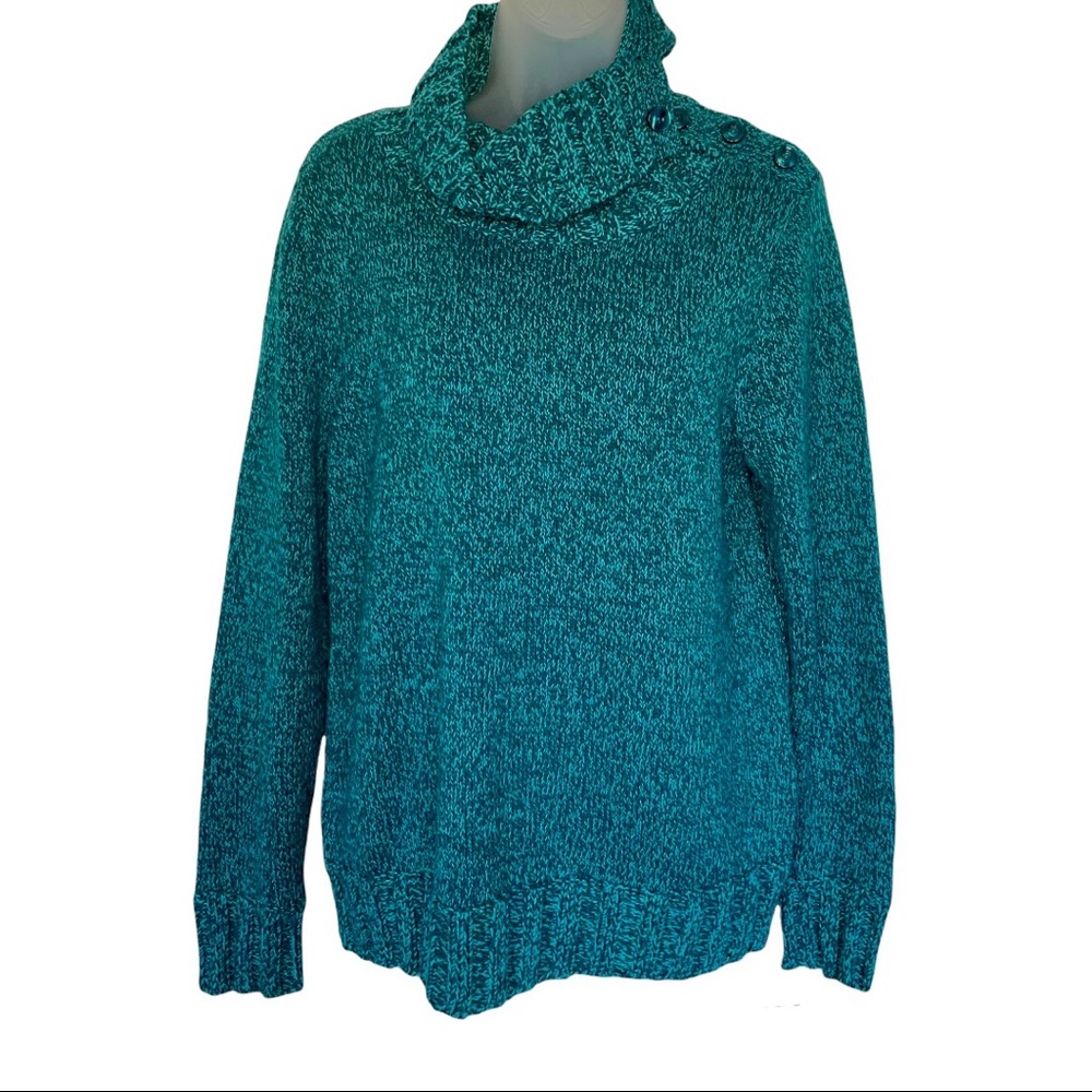 Teal Green Blue Heathered Sweater Turtleneck Button Winter Warm
